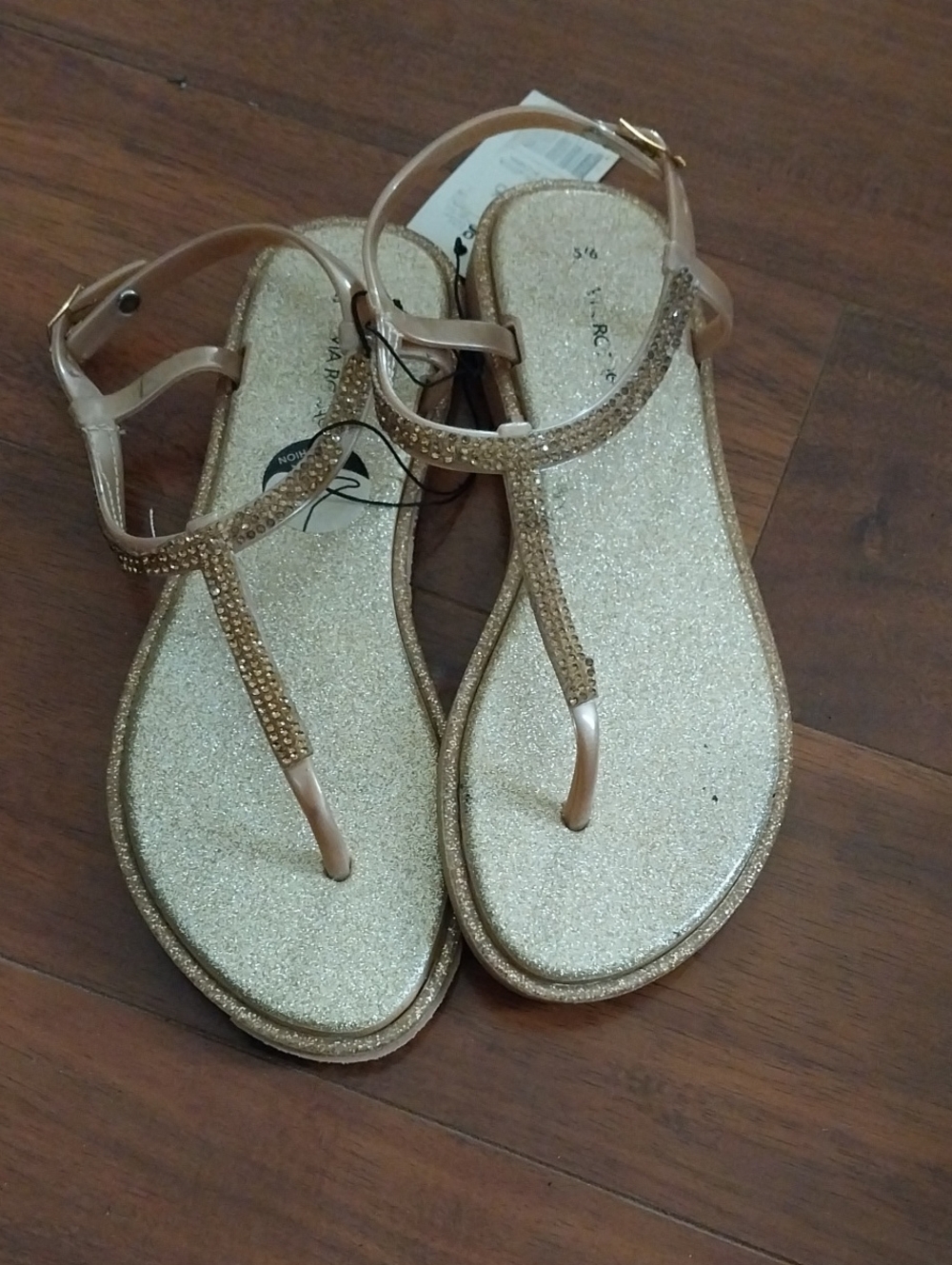 Women's Gold Glitter T-Strap Sandals with Ankle Buckle